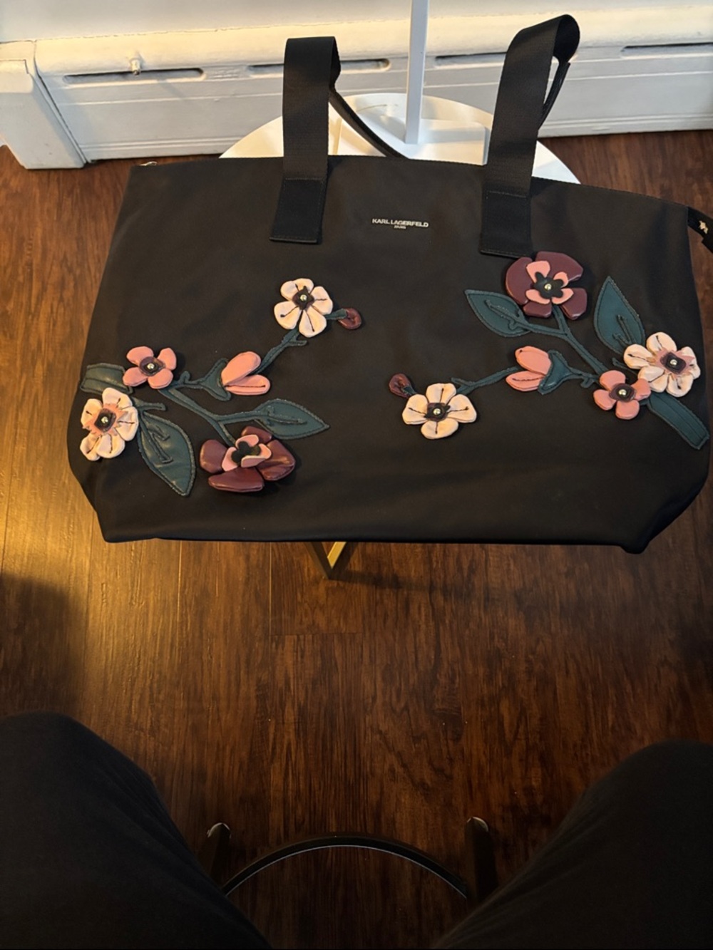 Karl Lagerfeld Black Nylon Tote with Pink and Green Floral Appliqués - Picture 8 of 8